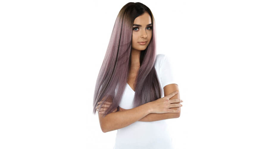 girl with brunette and purple hair extensions